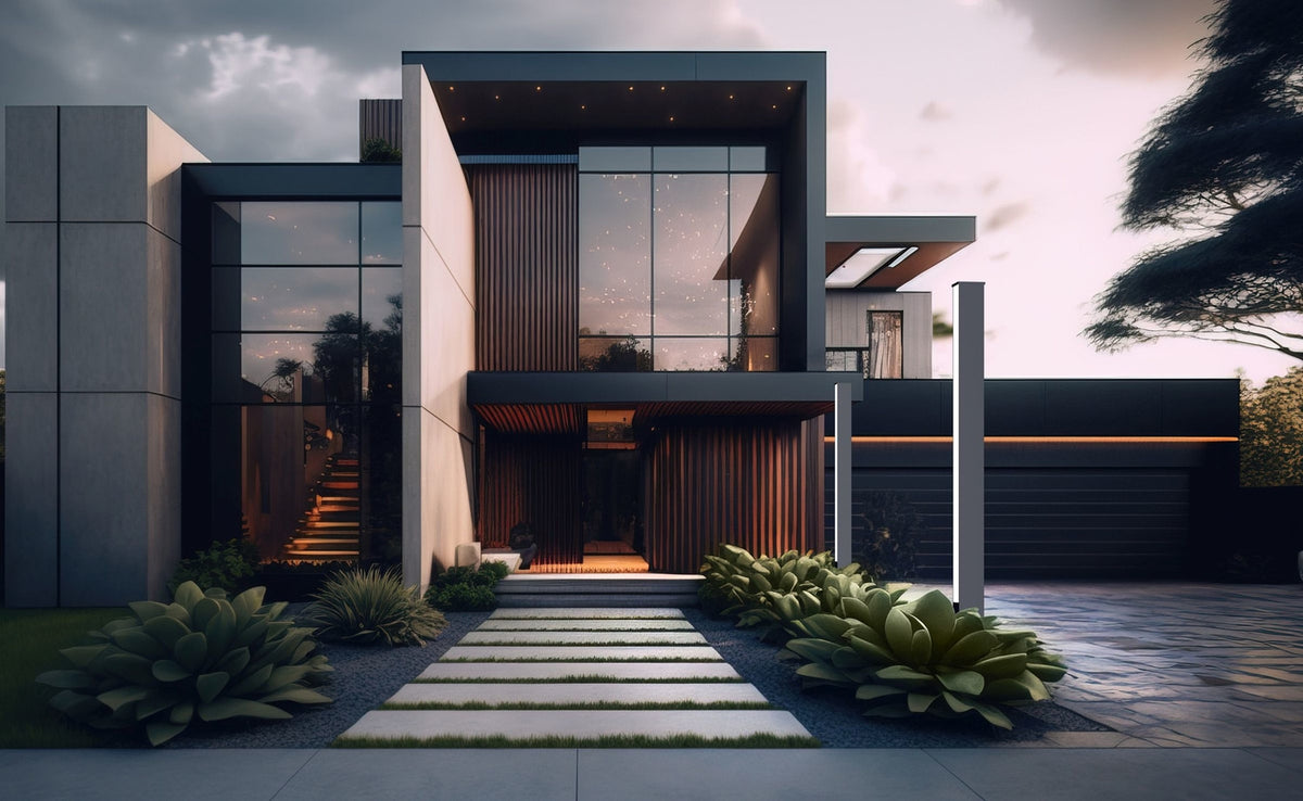 Mise en ambiance : borne anthracite devant une maison moderne à l'entrée