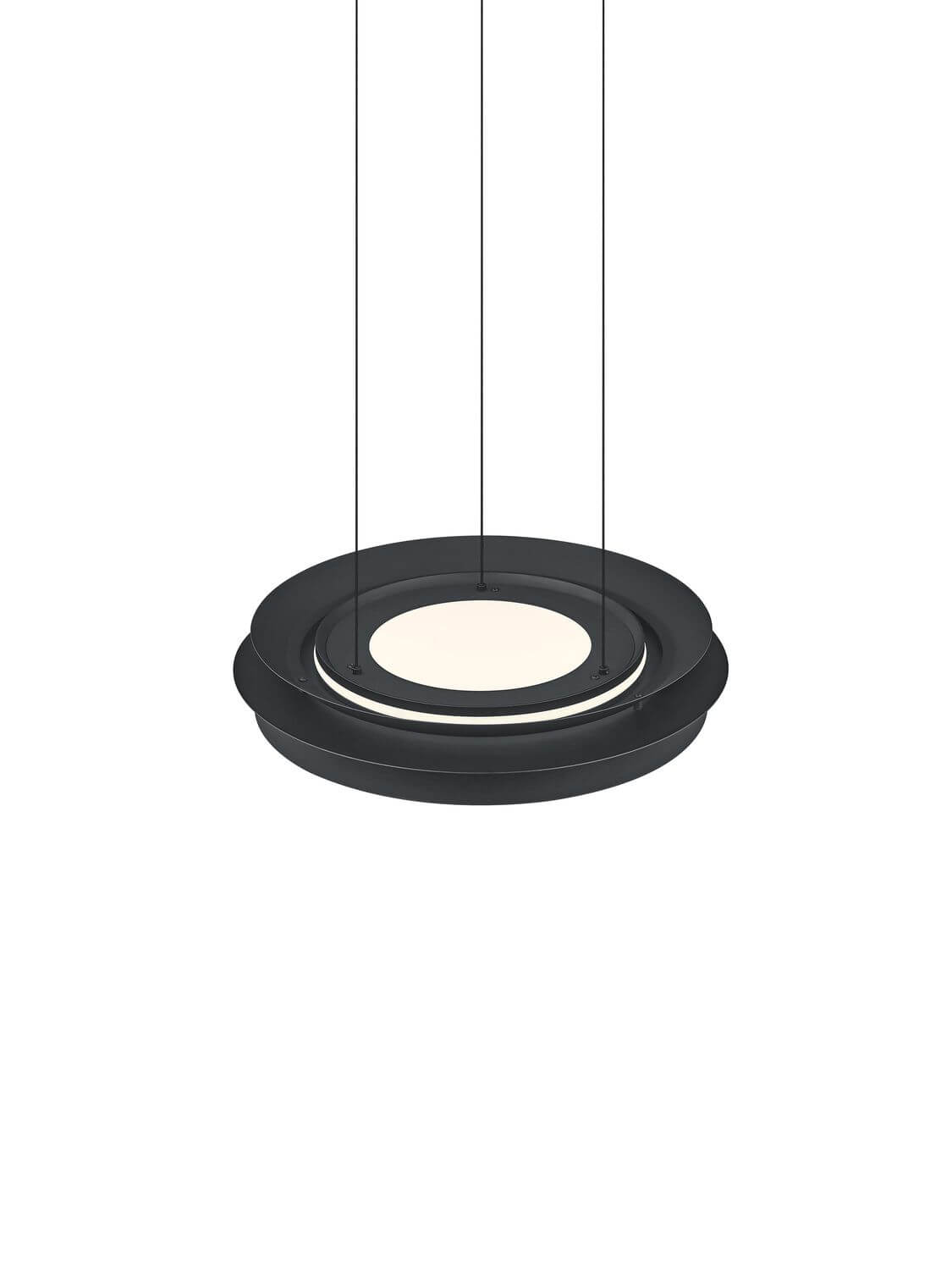 Suspension noire ronde vue de face, anneau ouvert et diffuseur central ivoire