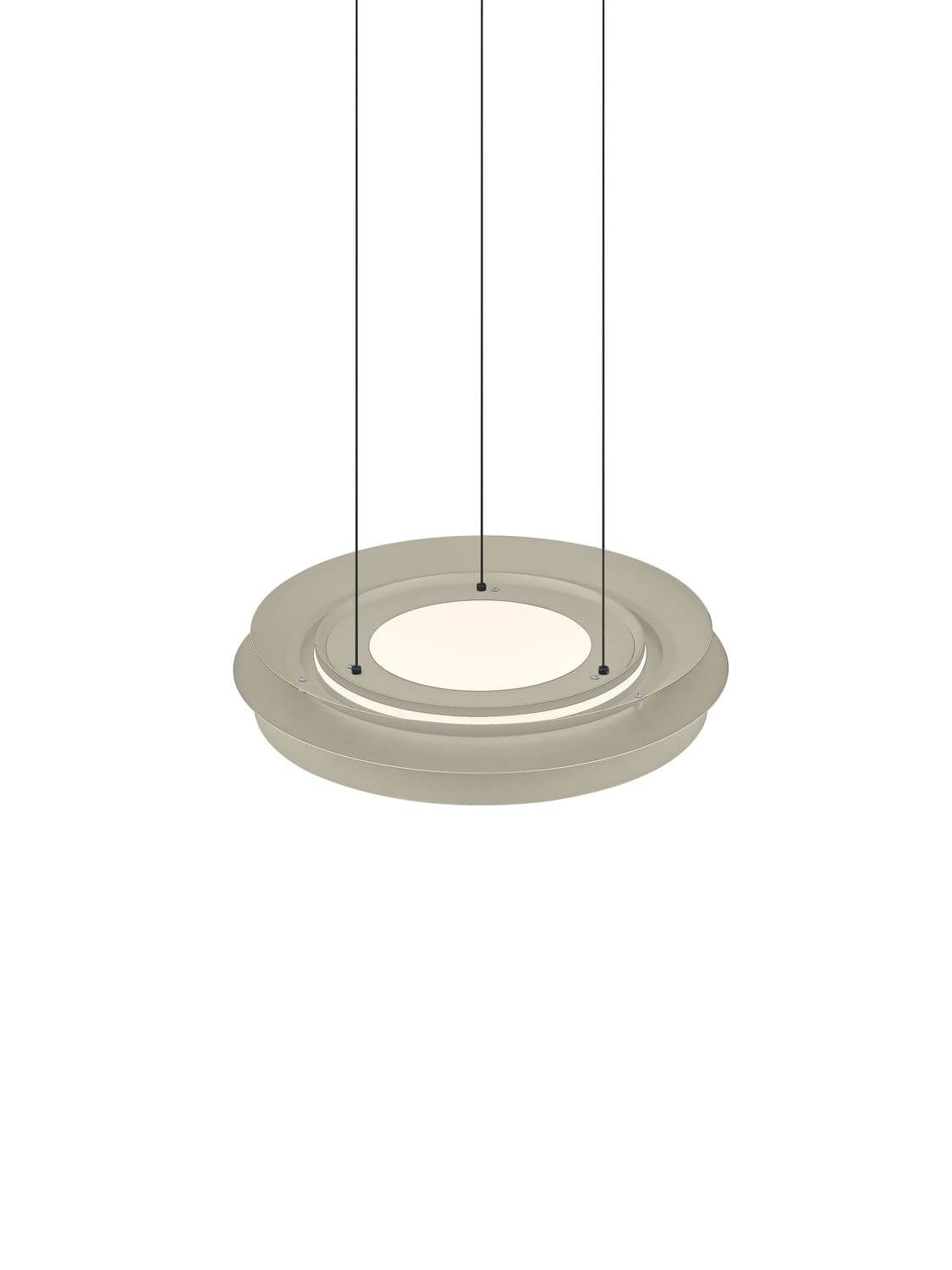 Vue de face du luminaire suspendu, anneau beige et diffuseur central blanc lumineux