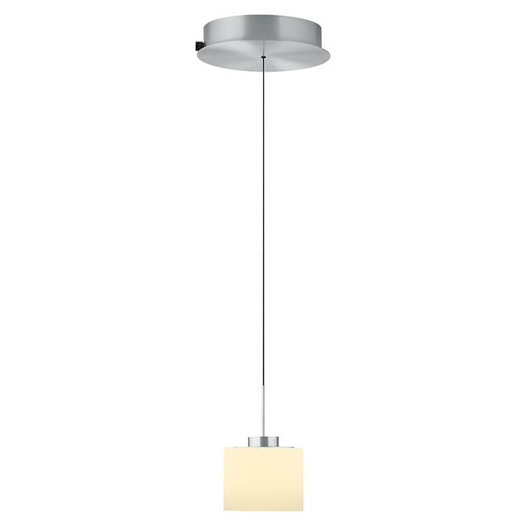 Suspension cylindrique en verre opale allumé, vue de face sur fond blanc