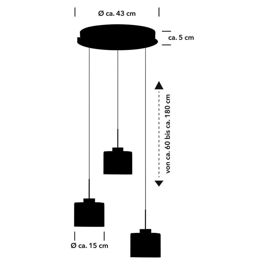 Schéma coté : rosace diamètre 43 cm, hauteur réglable de 60 à 180 cm, abat-jour 15 cm.