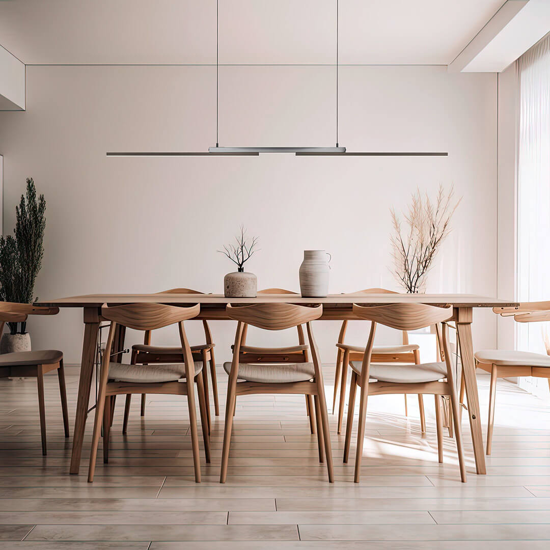 Mise en ambiance au-dessus d'une table à manger en bois clair