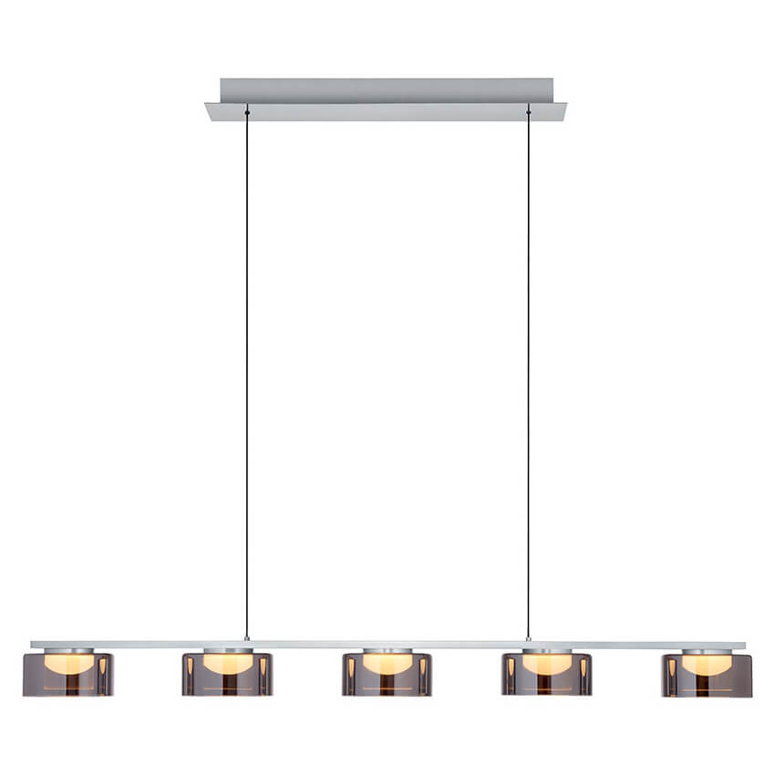Vue de face du luminaire suspendu avec cinq abat-jours en verre fumé alignés