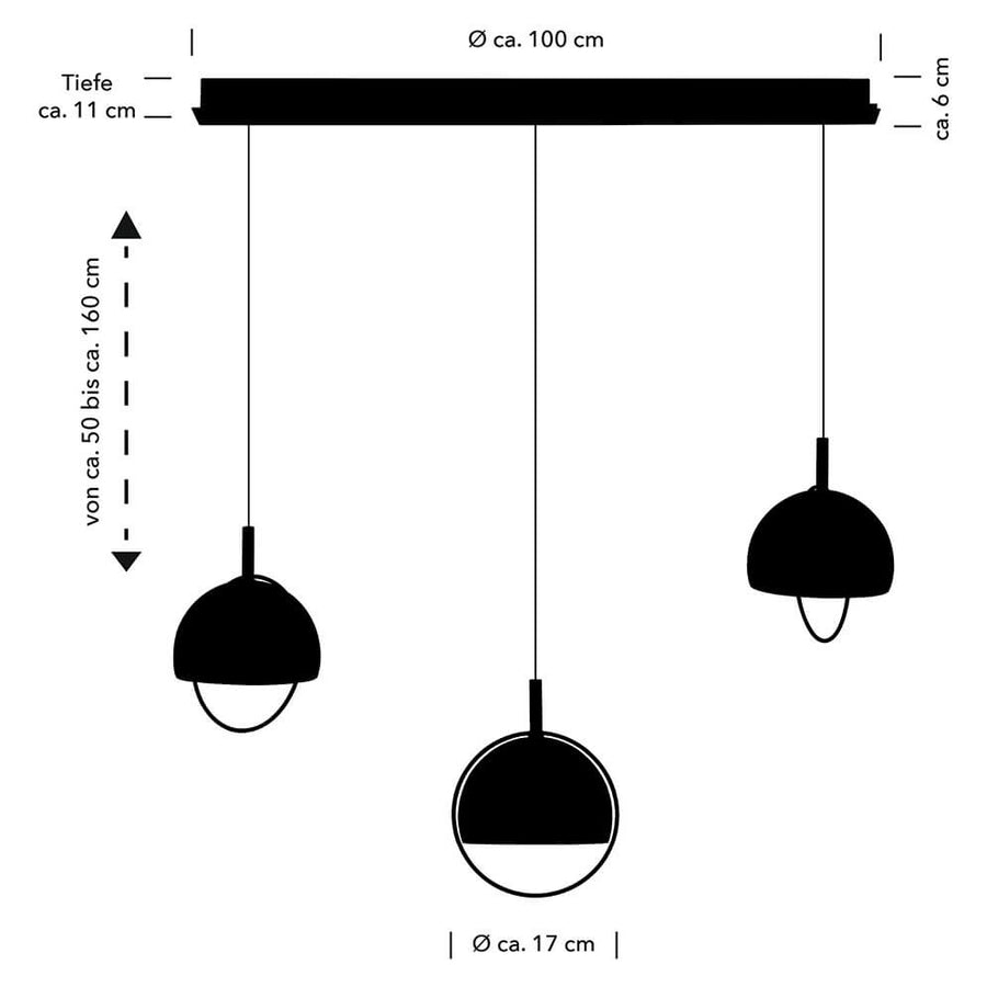 Schéma coté du luminaire, hauteur réglable de 50 à 160 cm et diamètre 17 cm