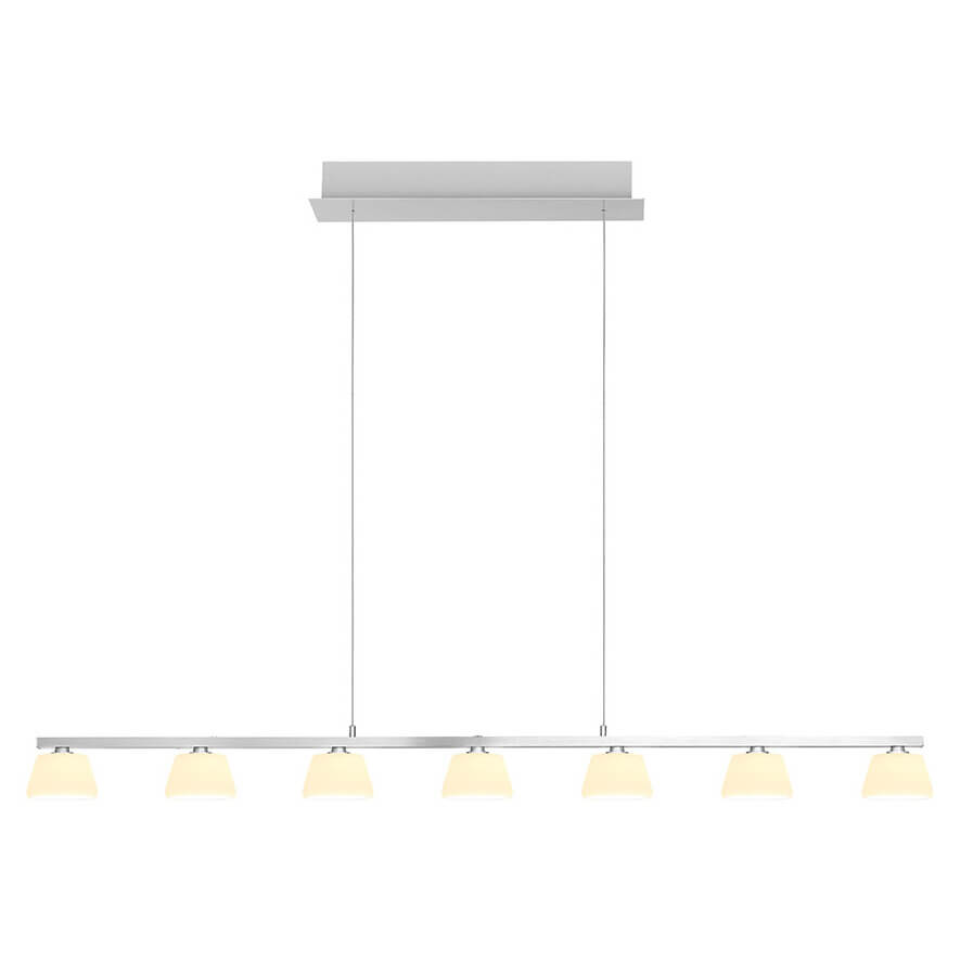 Suspension linéaire vue de face avec sept abat-jours en verre opale