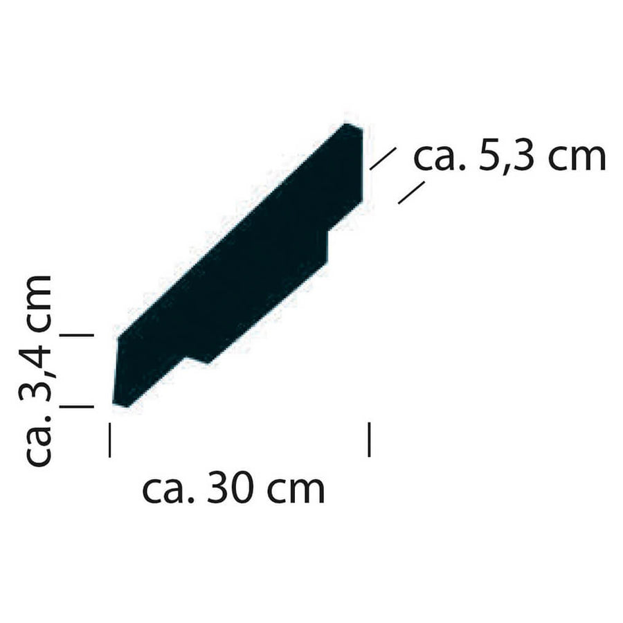 Schéma coté indiquant environ 30 cm de longueur et 5,3 cm de hauteur