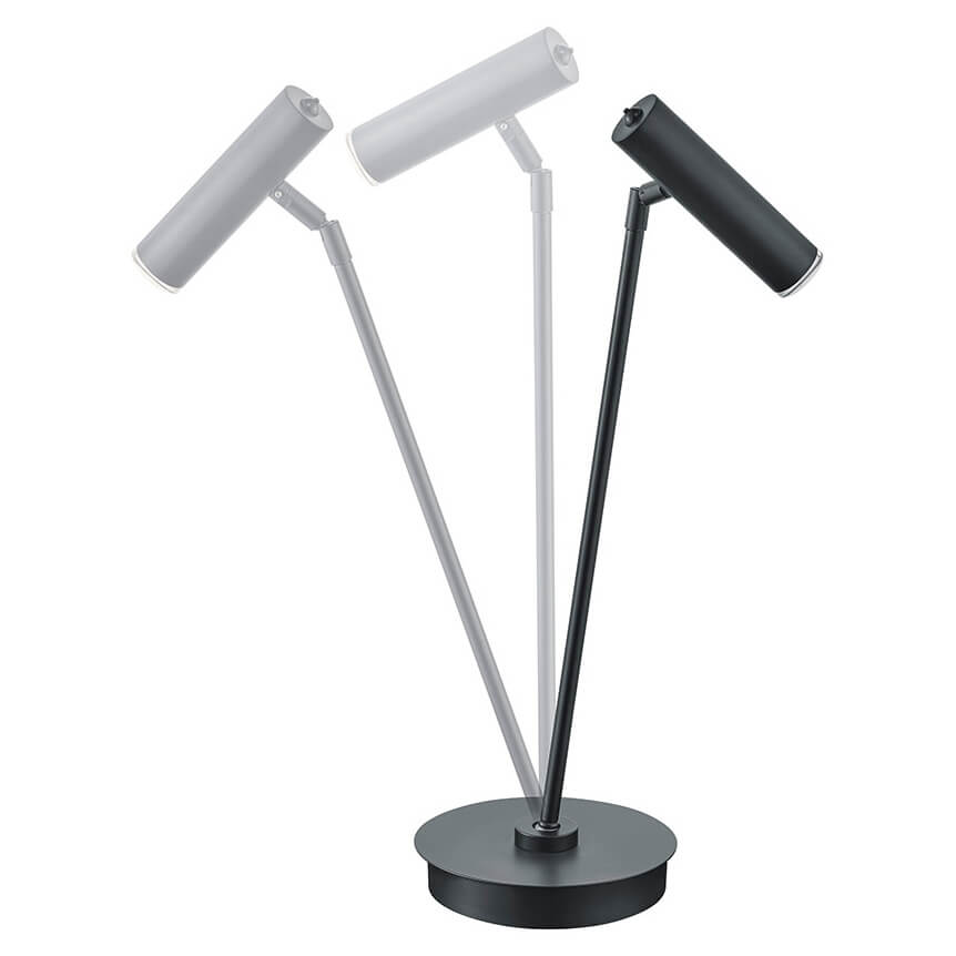 Trois exemplaires de la lampe déclinés en noir, gris et blanc