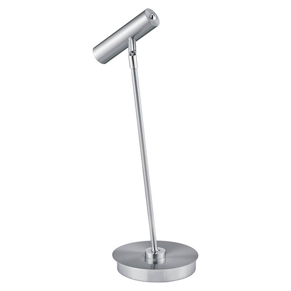 Vue de trois quarts du luminaire, tête inclinée et base ronde visibles.