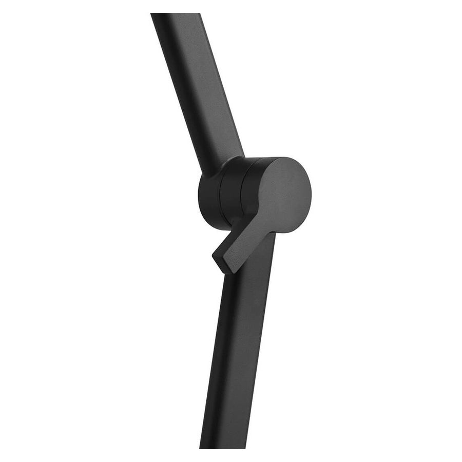 Détail de l'articulation centrale en métal noir, rotule et levier de réglage