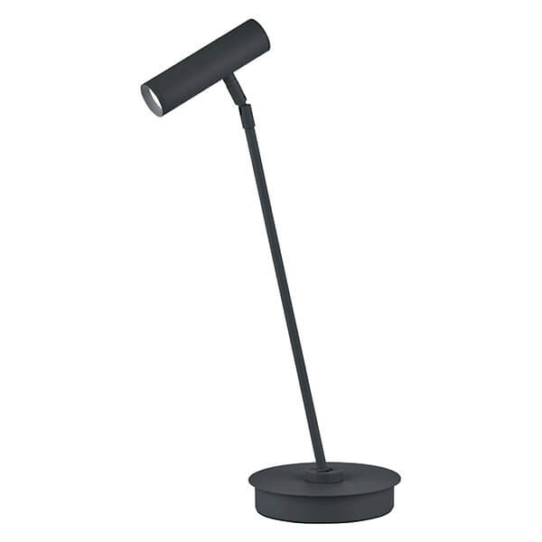 Vue de trois quarts de la lampe noire, tête inclinée et pied circulaire.