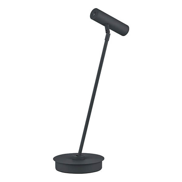 Lampe à poser noire de profil, tête cylindrique inclinée et base ronde.