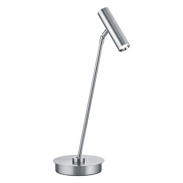 Vue trois quarts du luminaire montrant la base plate et la tige inclinée