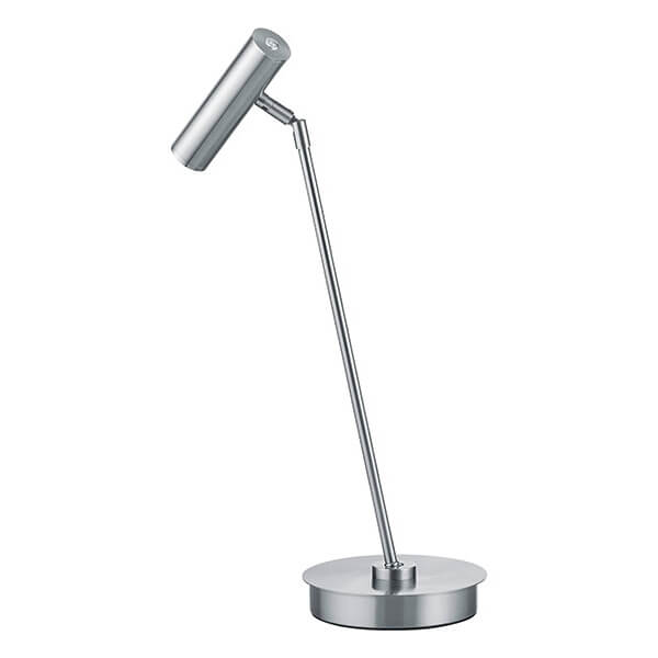 Lampe entière vue de face, tête cylindrique inclinée sur fine tige et base ronde