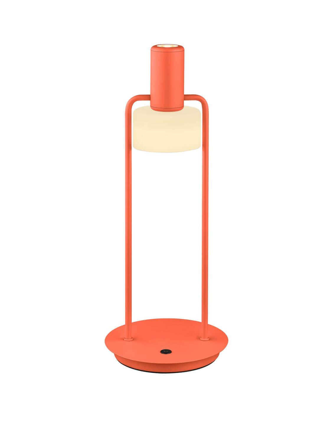 Vue de face du luminaire orange, double tige verticale et abat-jour cylindrique clair.