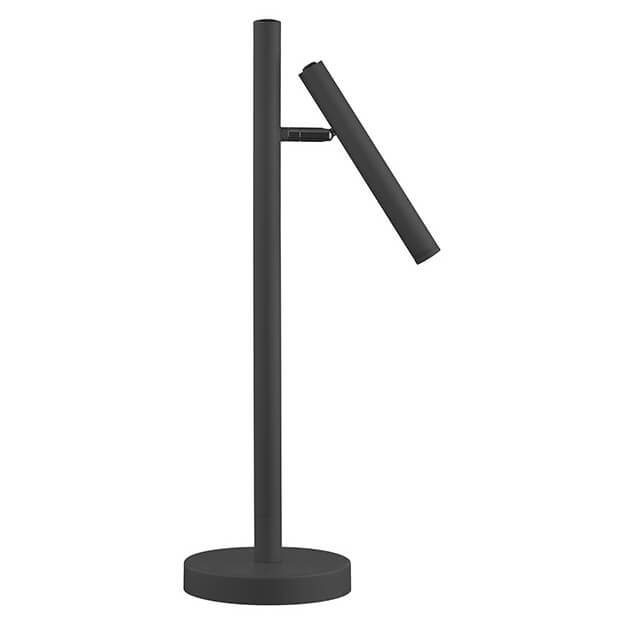 Lampe à poser sans fil noire, vue de face sur fond blanc, tête inclinée.