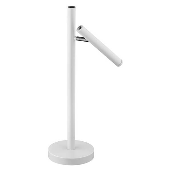 Vue de trois quarts du luminaire blanc avec socle rond et bras incliné