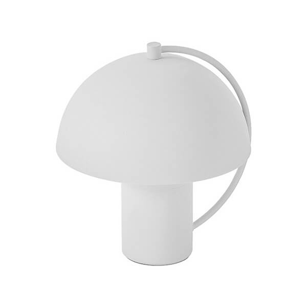 Vue en perspective de la lampe blanche, avec arceau courbé et base cylindrique visible.