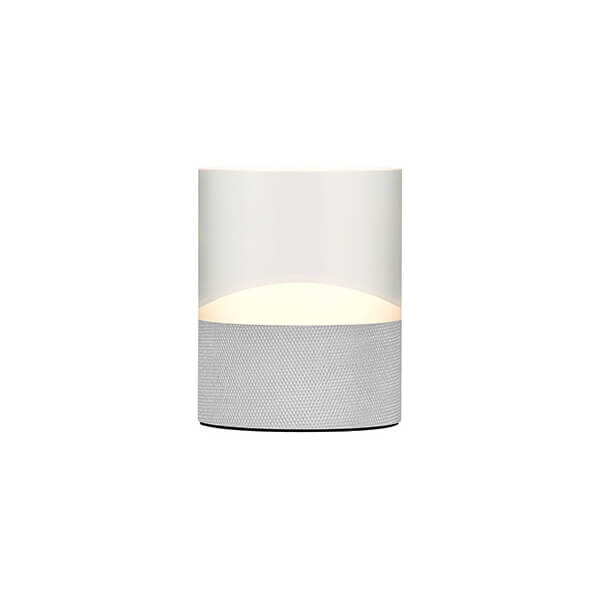 Lampe cylindrique de face sur fond blanc, verre dépoli et base texturée grise