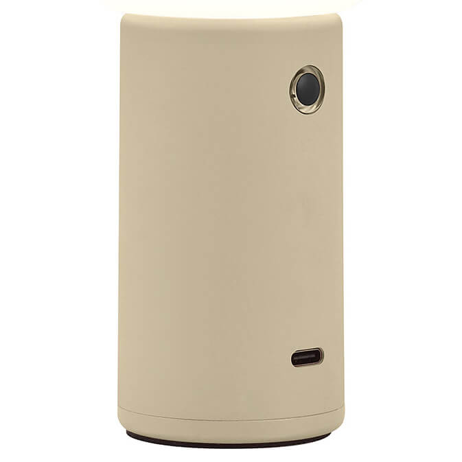 Détail du socle beige : bouton de réglage doré et prise USB-C de recharge