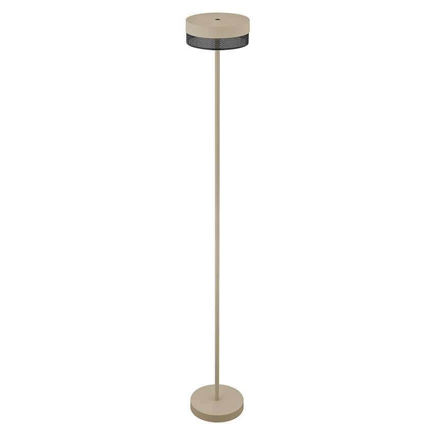 Vue en plongée du luminaire sur pied, abat-jour rond beige et socle plat