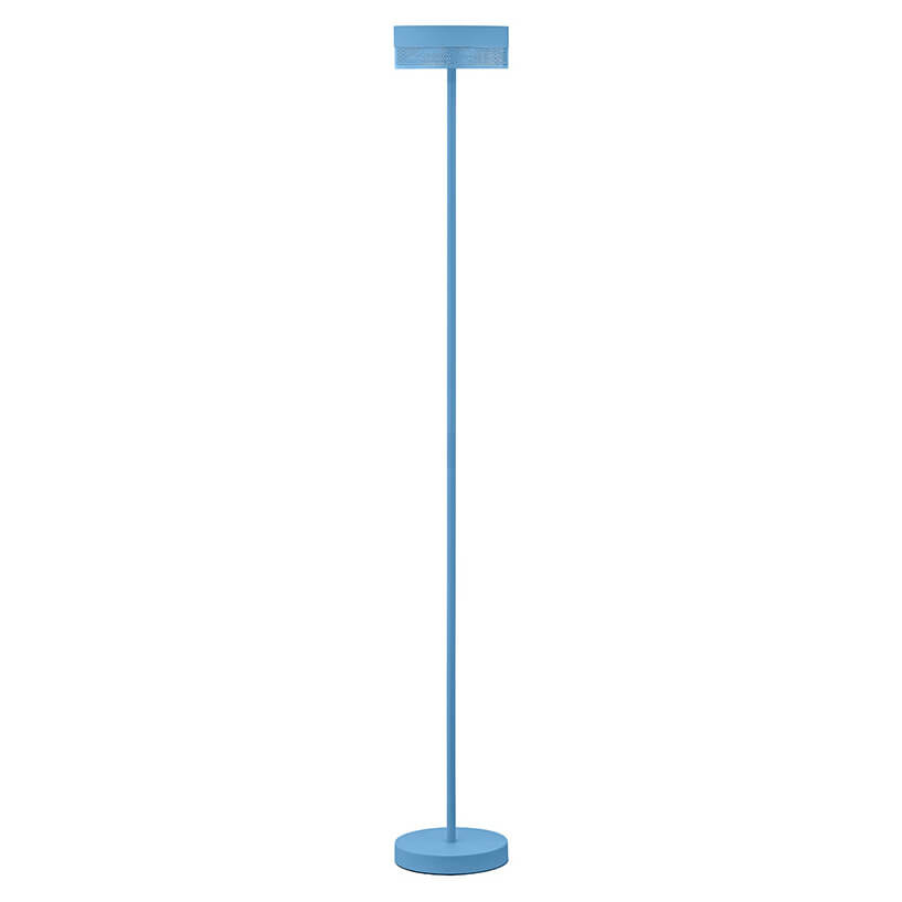 Lampadaire extérieur bleu de face, tête cylindrique, tige fine et base ronde