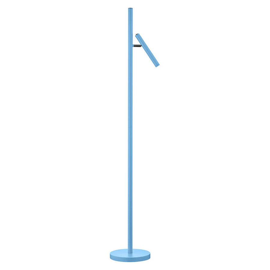 Lampadaire bleu vu de face sur fond blanc, mât vertical et tête inclinée