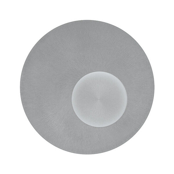 Plafonnier rond en aluminium brossé vu de face, diffuseur central bombé opalin
