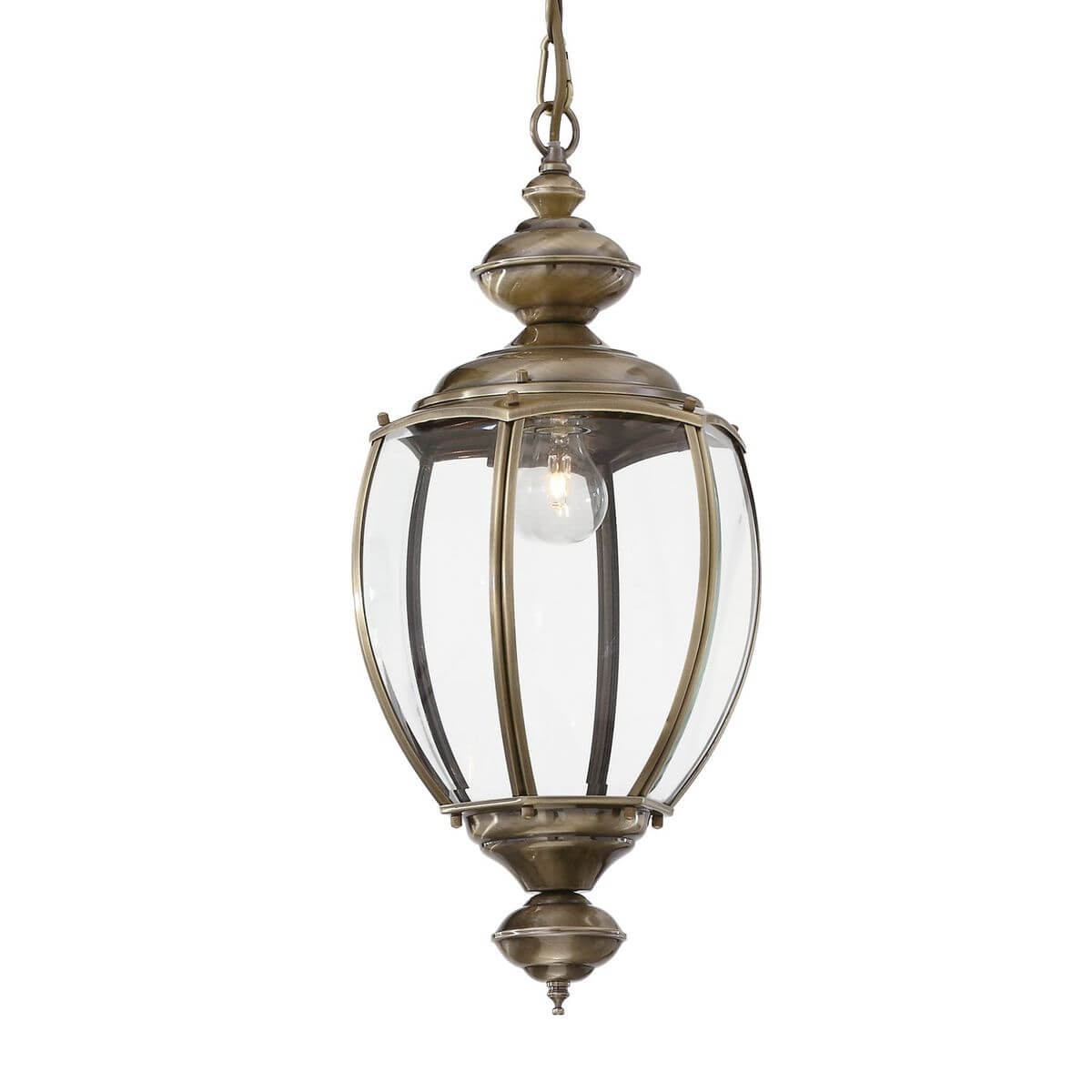 Suspension lanterne en laiton vieilli et verre transparent, ampoule visible, vue de face