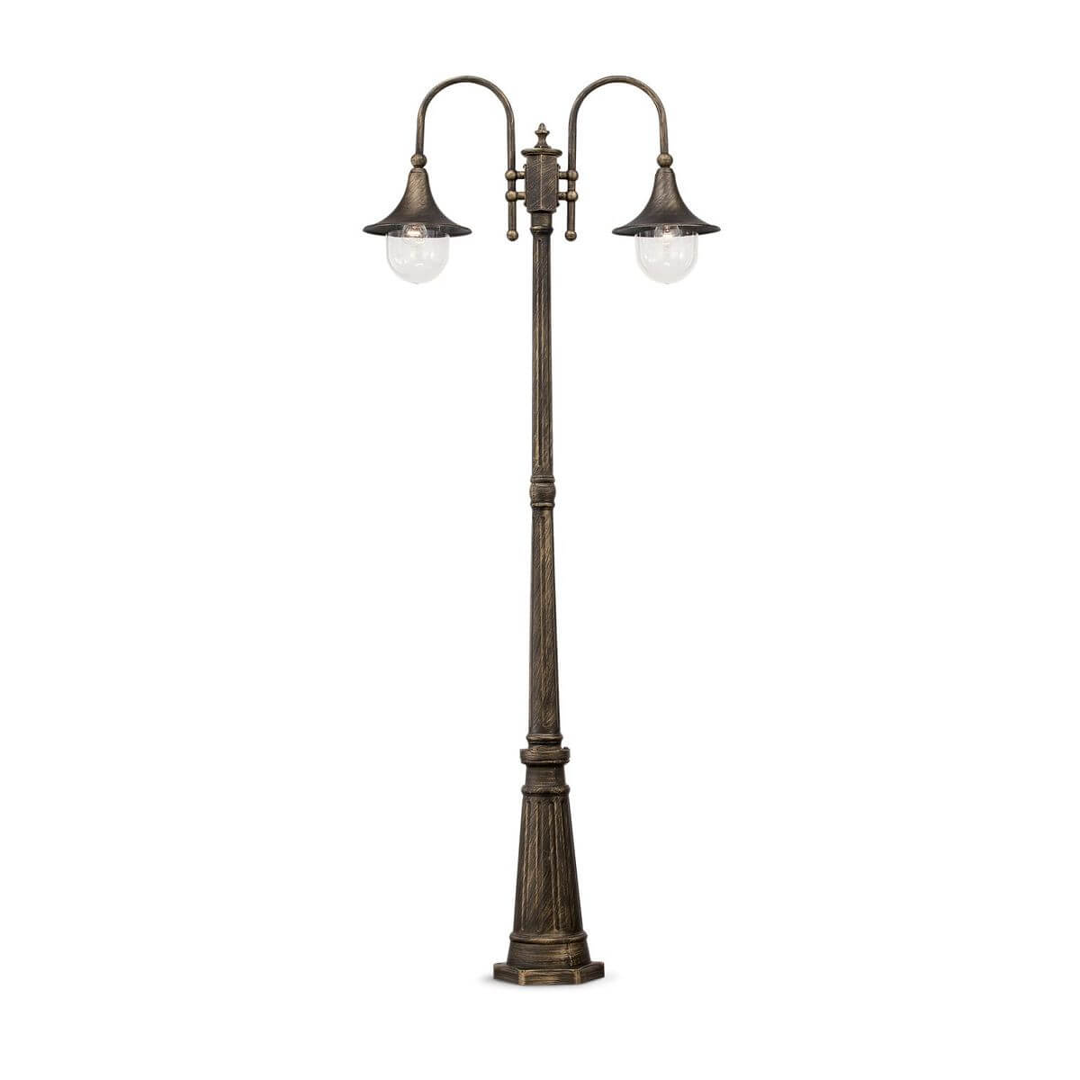 Lampadaire extérieur deux têtes, vue de face sur fond blanc, finition bronze.