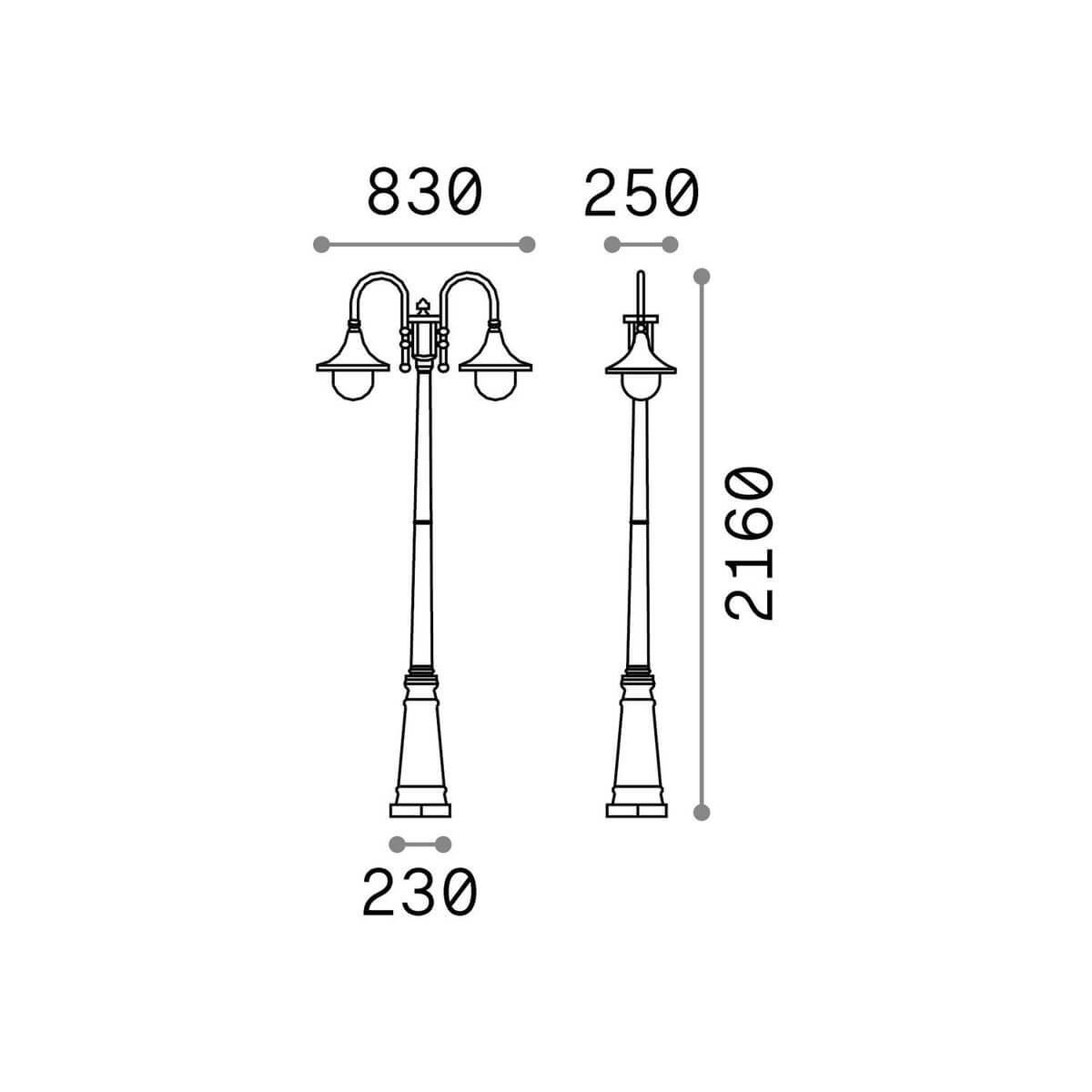 Schéma technique du lampadaire avec dimensions : largeur 830, hauteur 2160, base 230.