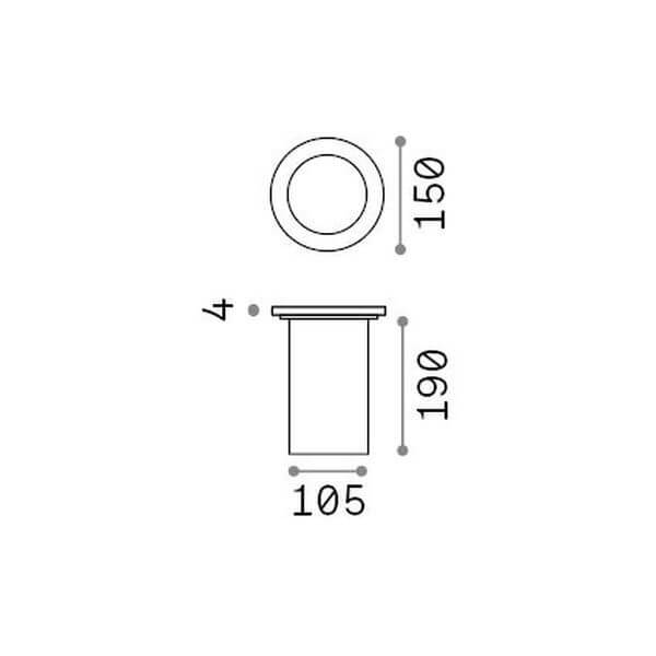 Schéma technique du luminaire avec diamètre 150 mm, hauteur 190 mm et découpe 105 mm.