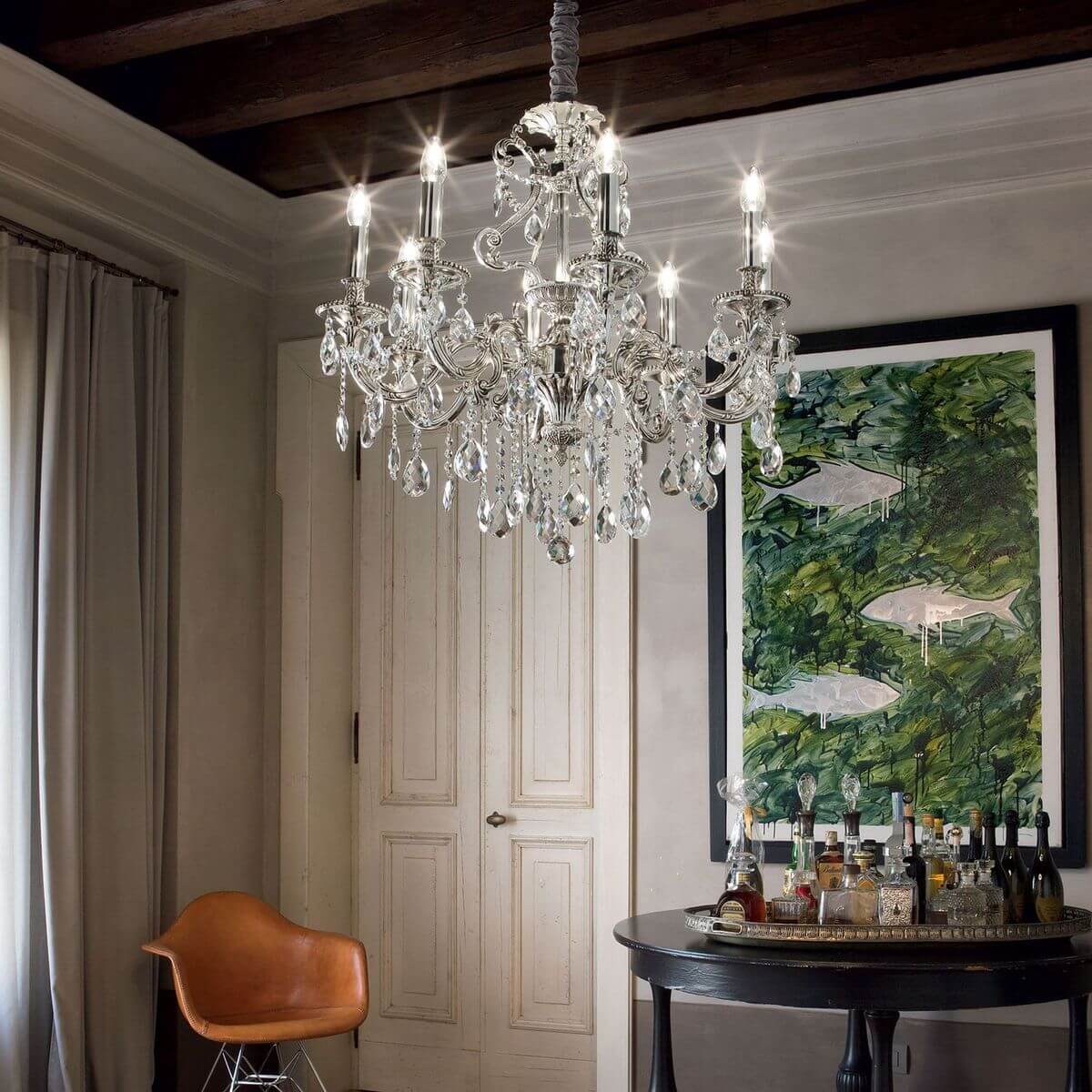 Suspension Gioconda 8 lumières argentée, cristal