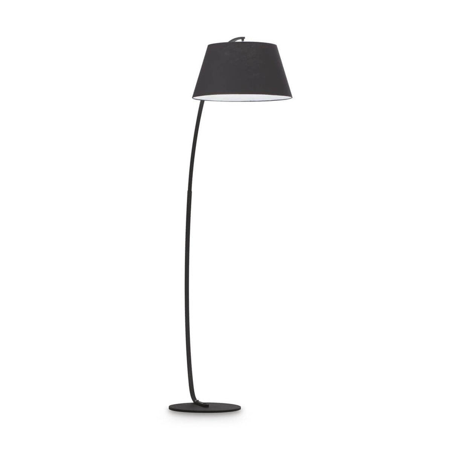 Lampadaire noir de face, pied courbé et abat-jour en tissu