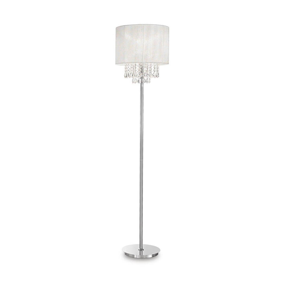Lampadaire blanc de face avec abat-jour cylindrique et cristaux suspendus