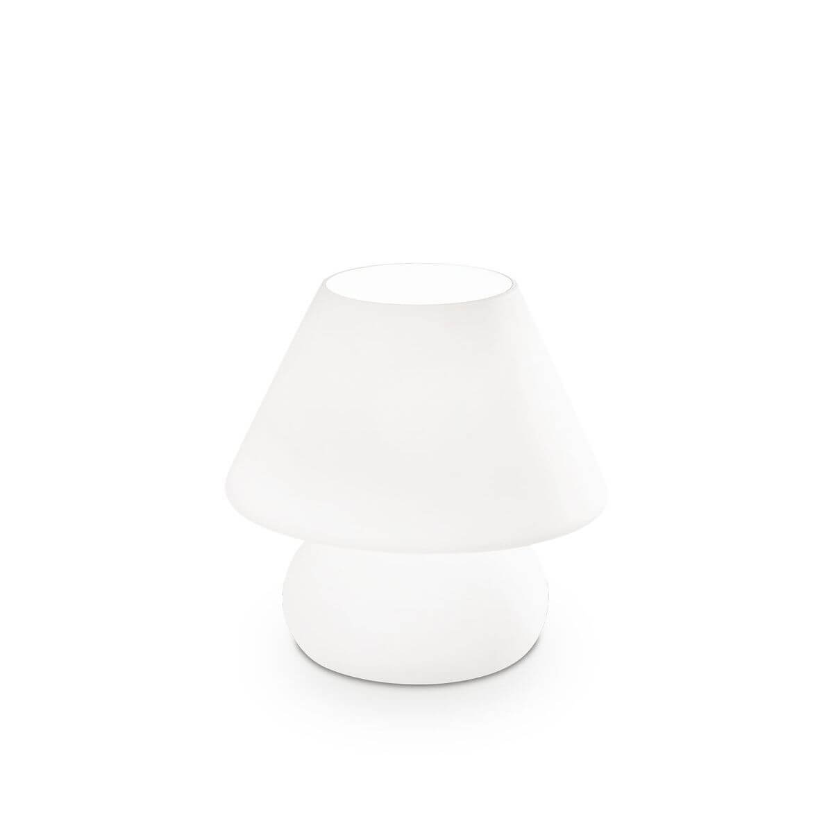 Lampe à poser blanche en verre, vue de face sur fond blanc