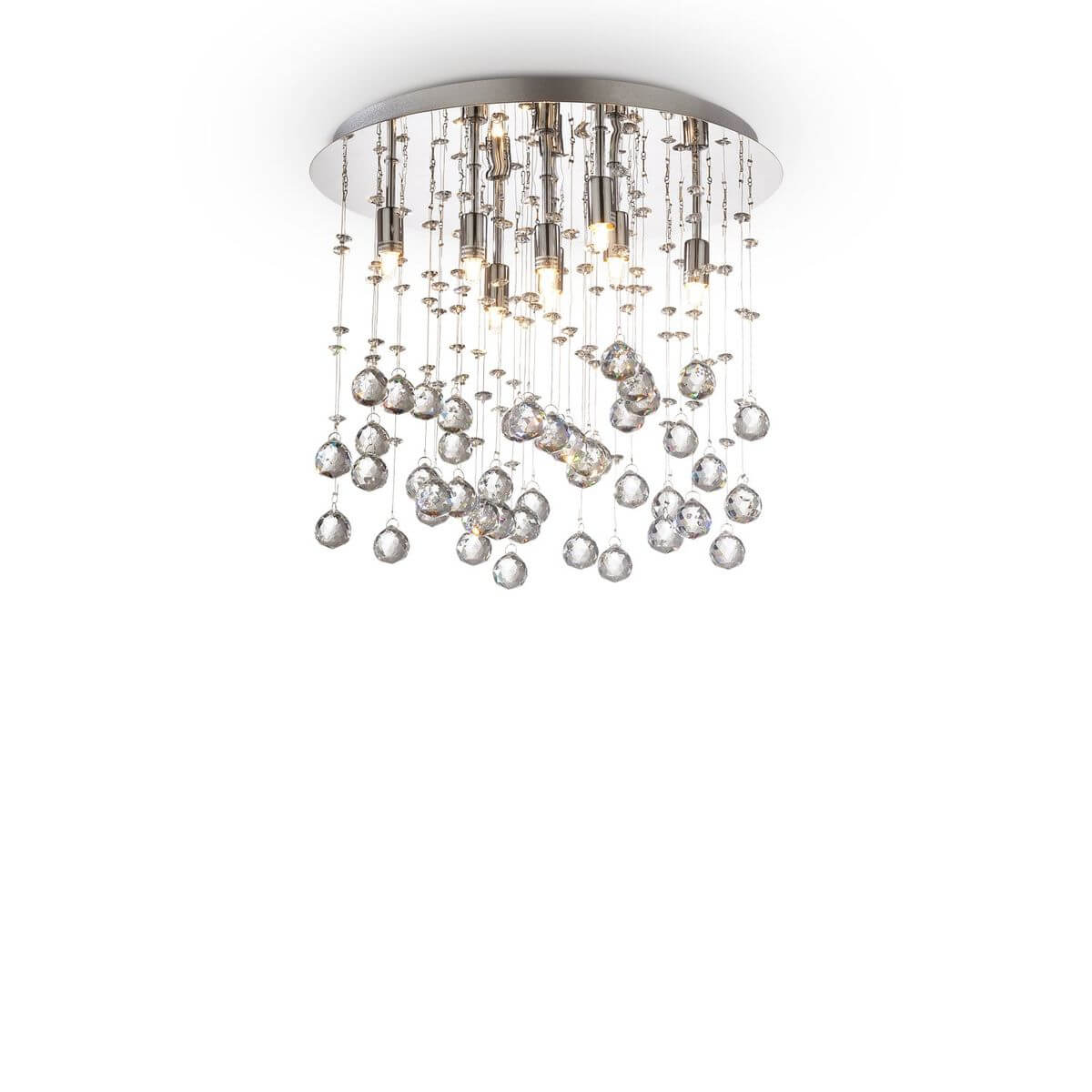 Plafonnier rond chromé avec huit lumières et suspensions de boules de cristal taillé