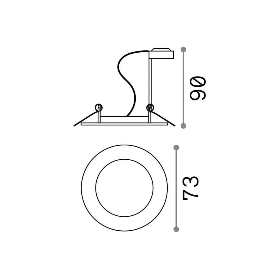 Schéma technique avec vue de profil, vue de face et cotes de 90 et 73 mm.