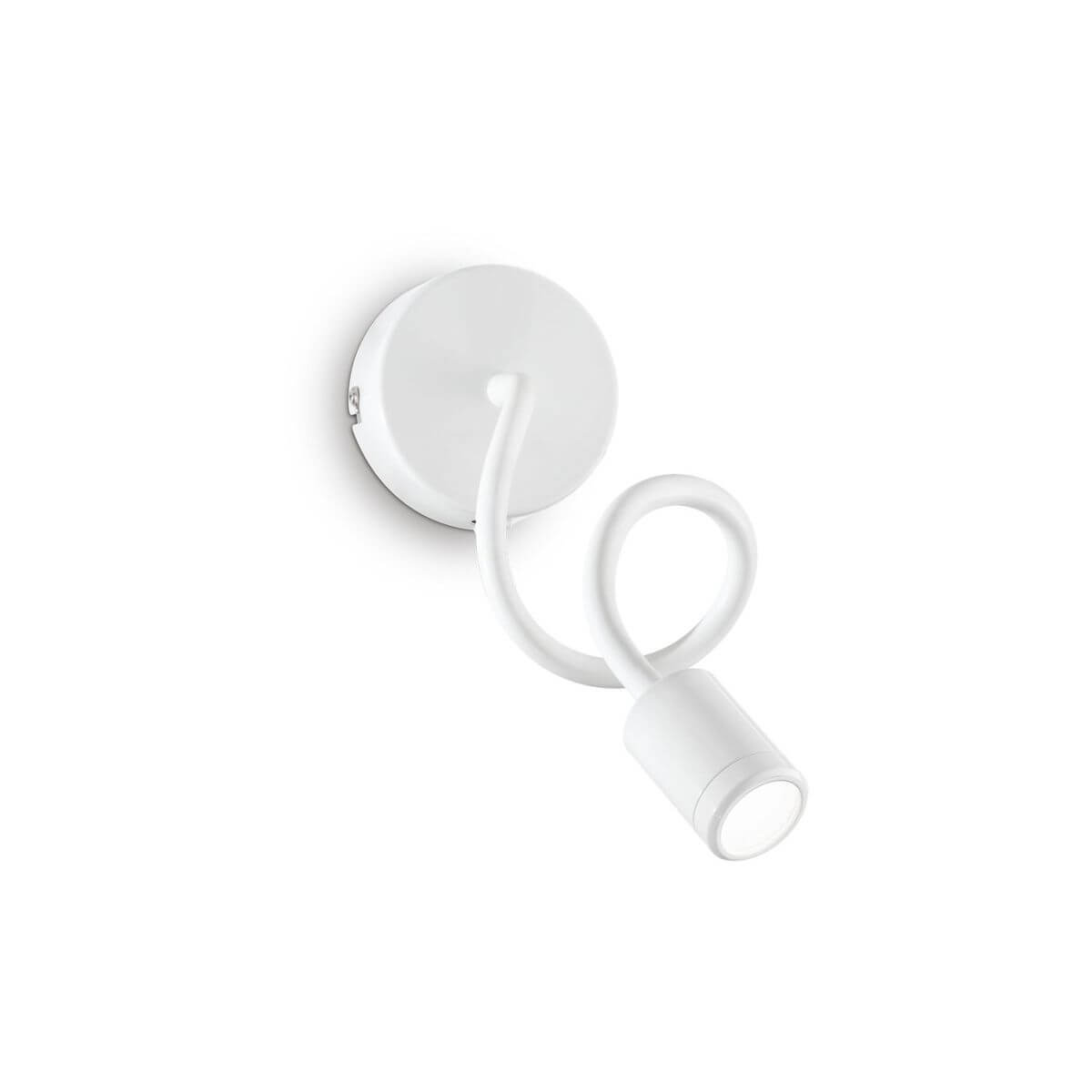Applique murale blanche photographiée sur fond blanc, bras flexible et tête cylindrique.
