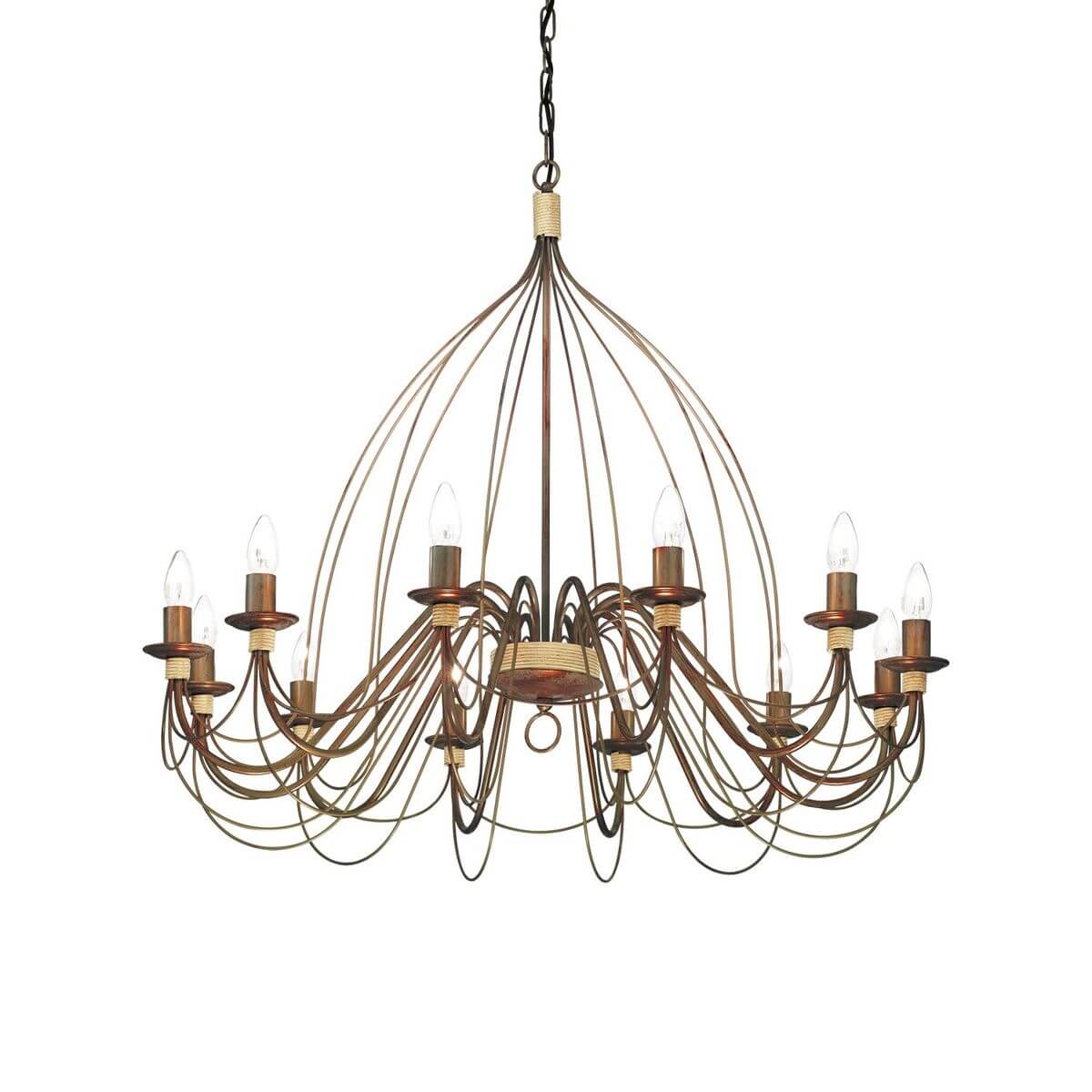 Suspension douze lumières en métal rouille, bras courbés formant une cage ouverte