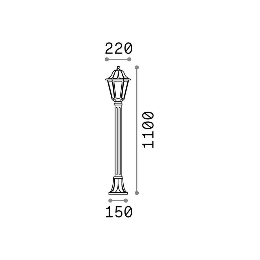 Schéma coté du lampadaire : hauteur totale 1100 mm et largeur 220 mm