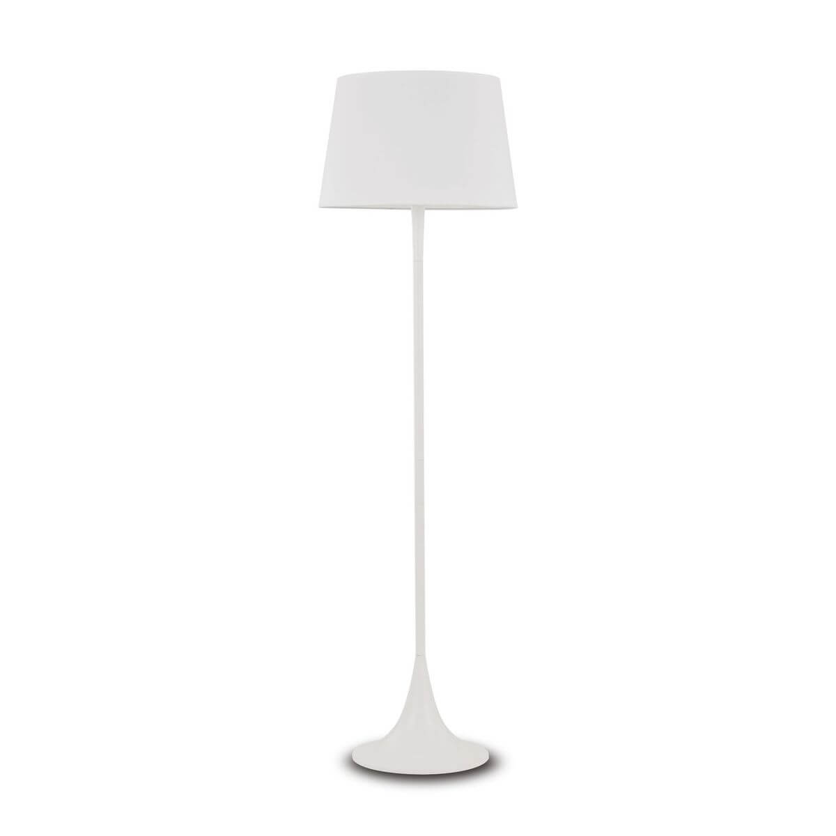 Lampadaire blanc de face, abat-jour en tissu, pied fin et base évasée