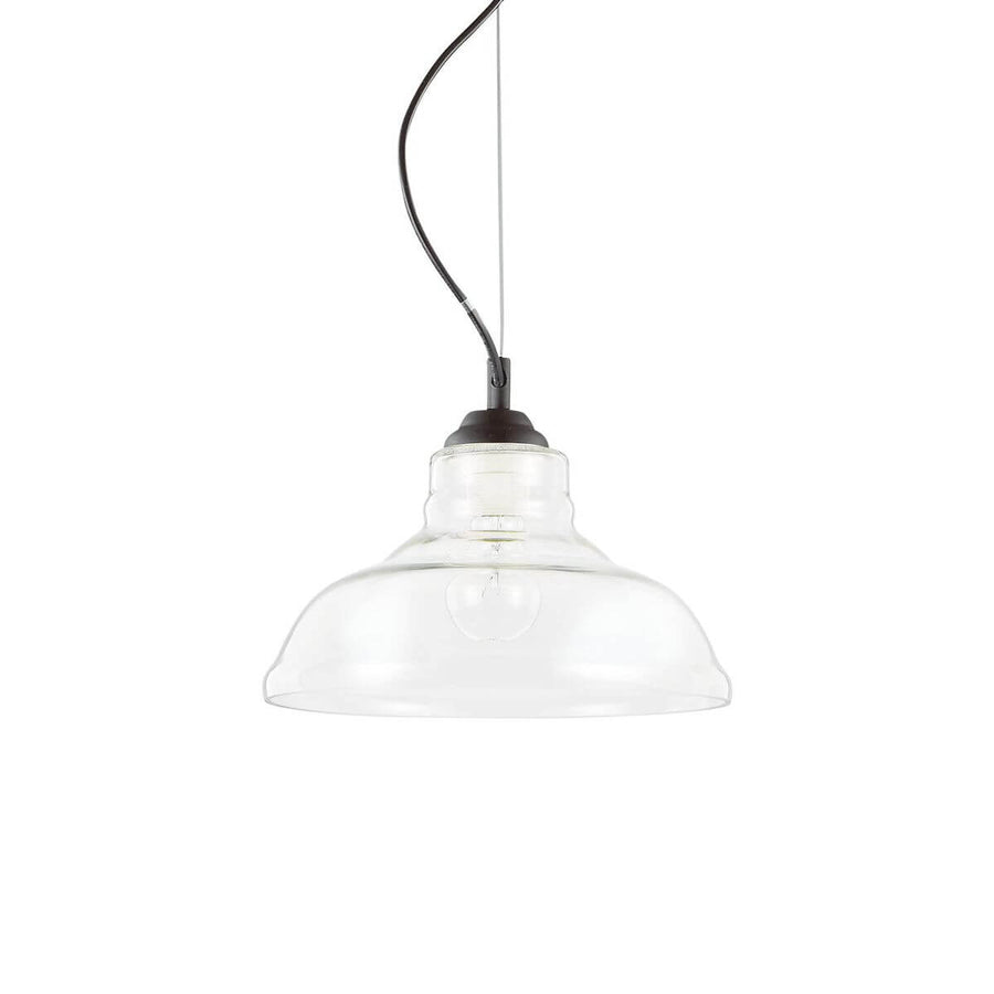 Suspension en verre transparent de face avec câble noir et douille visible