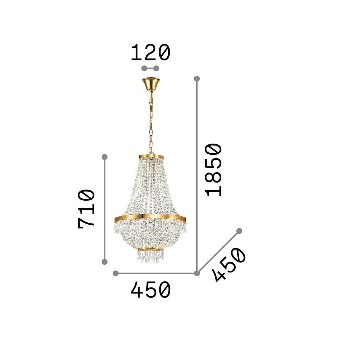 Schéma technique coté : diamètre 450, hauteur 710 et 1850 mm