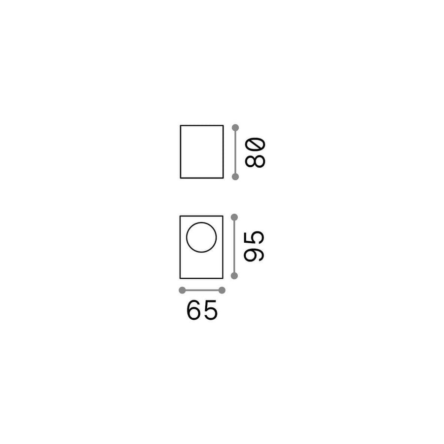 Schéma coté du luminaire : largeur 65 mm, hauteur 95 mm, diamètre 80 mm