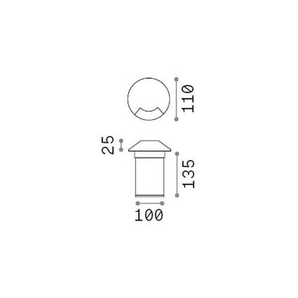 Schéma technique coté du spot à encastrer : diamètre 110 mm et hauteur 135 mm.