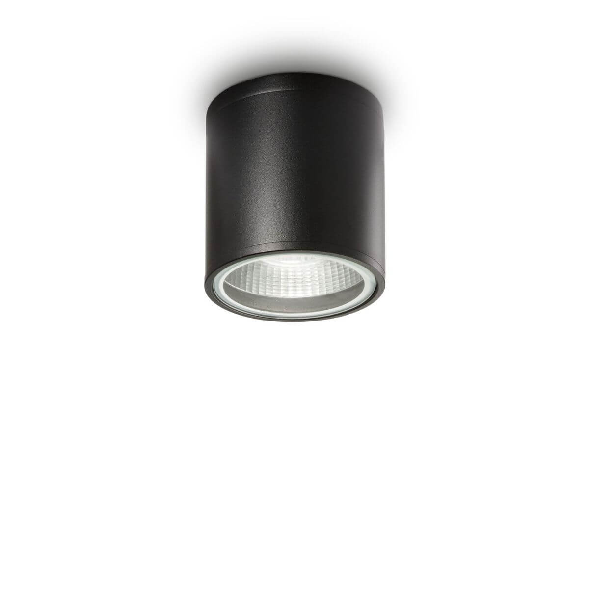 Plafonnier extérieur noir cylindrique vu de face, diffuseur en verre texturé