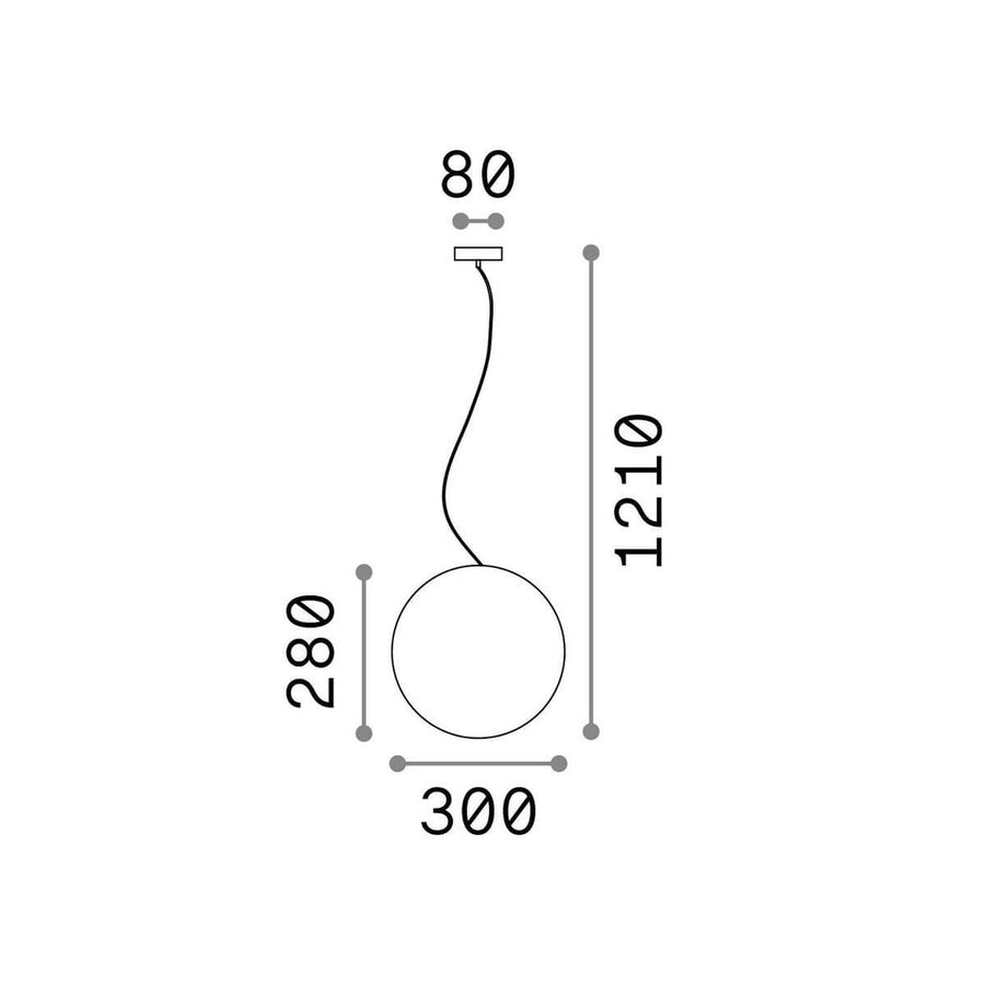 Schéma coté : diamètre 300 mm, hauteur 280 mm, base 80 mm, longueur totale 1210 mm.