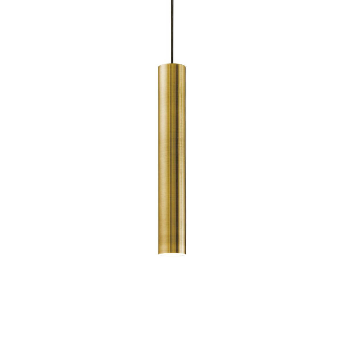 Suspension cylindrique dorée vue de face avec cordon noir et diffuseur blanc
