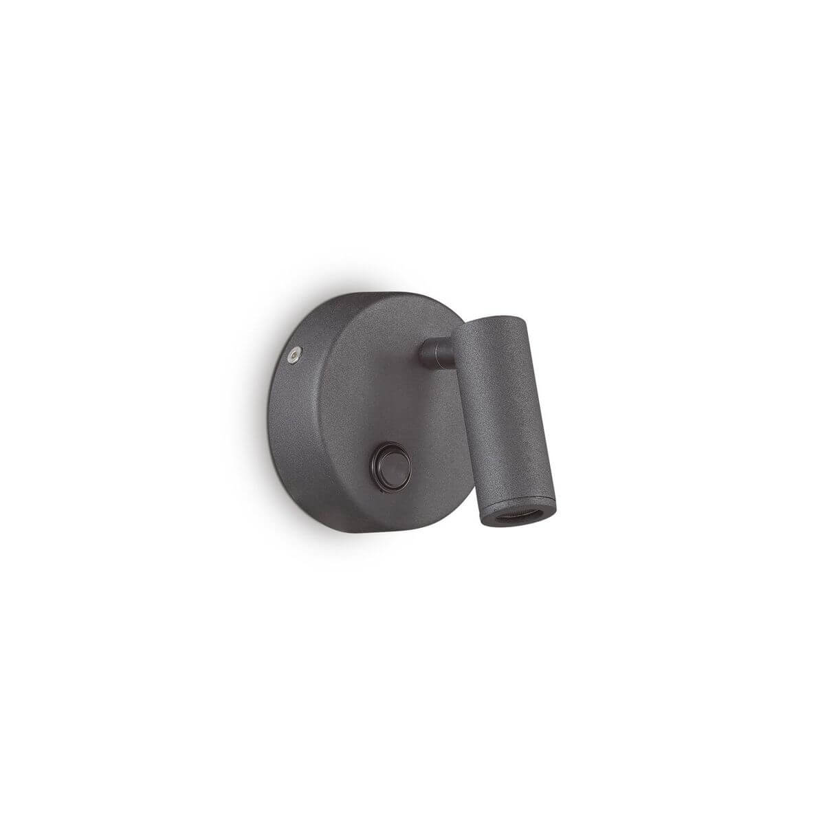 Applique murale noire de face, socle rond et projecteur cylindrique orientable avec interrupteur