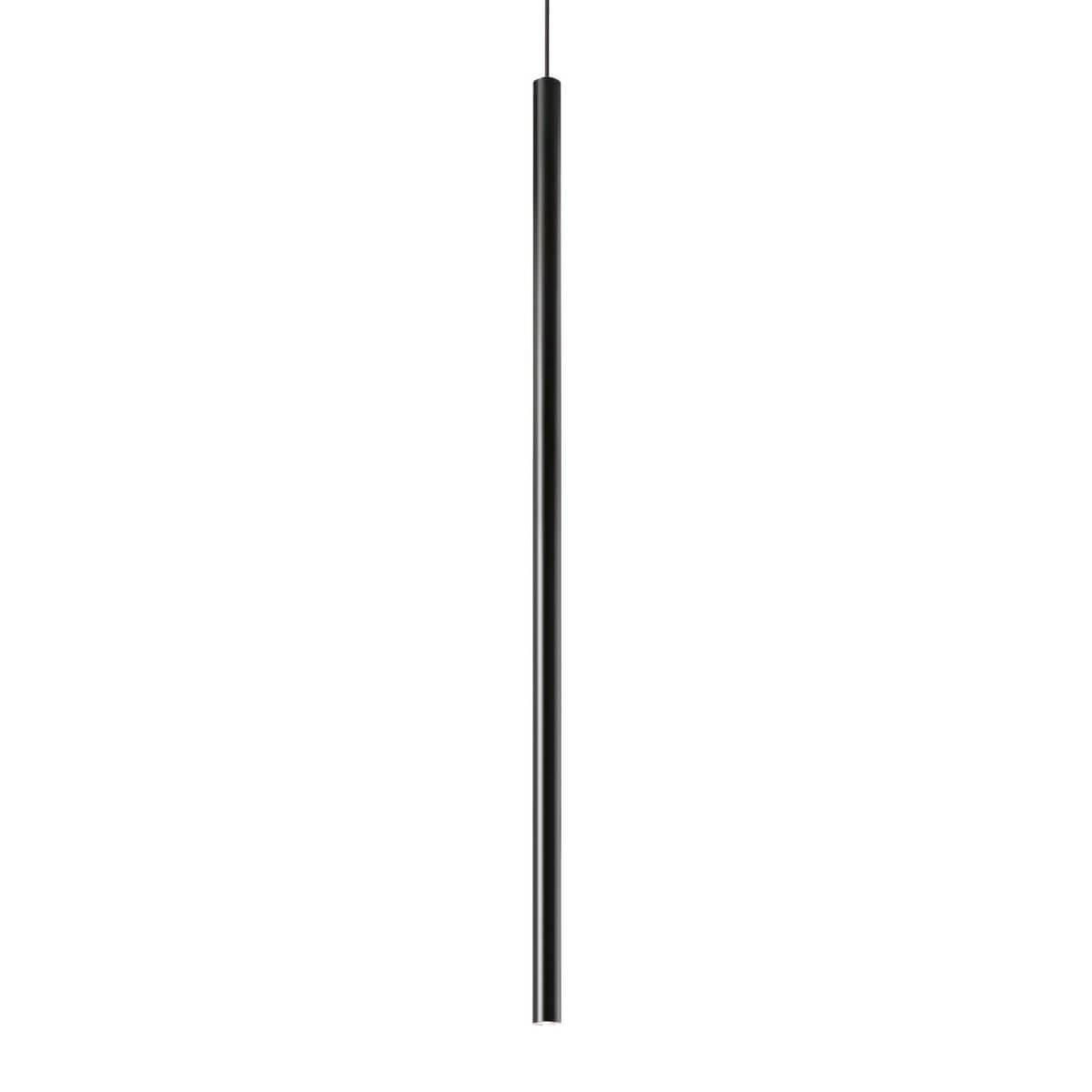 Suspension noire ultra-fine vue de face sur fond blanc neutre